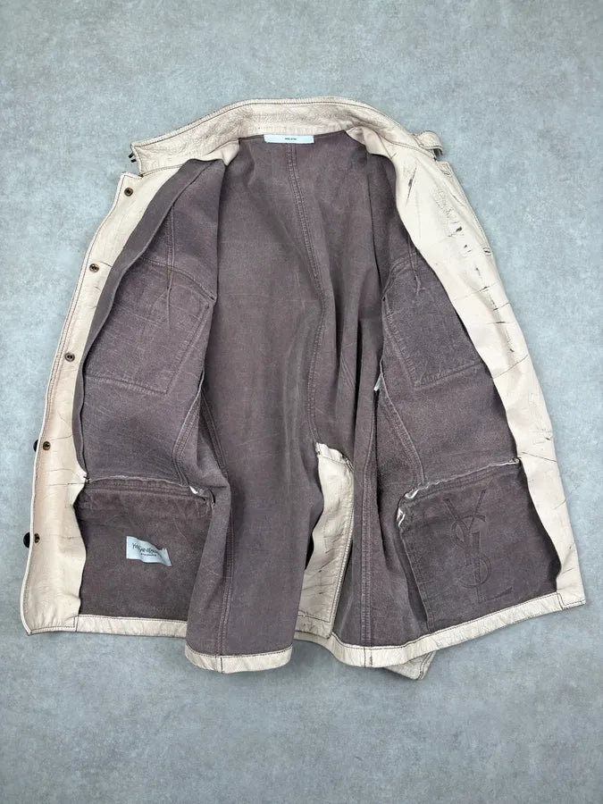 2000s Yves Saint Laurent Cream Military Leather Cargo Jacket ITDNQpM 6