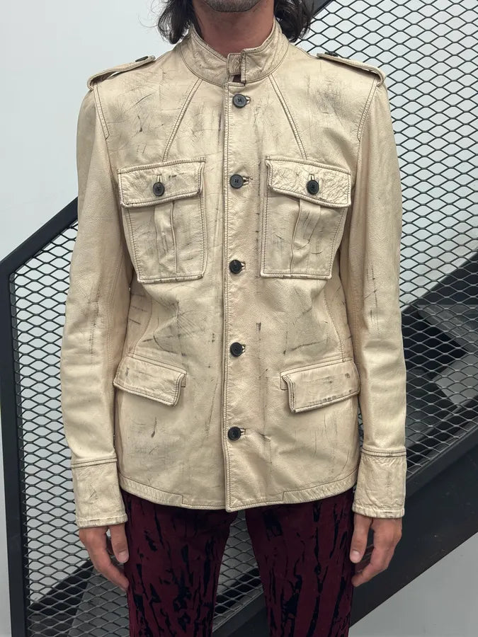2000s Yves Saint Laurent Cream Military Leather Cargo Jacket ITDNQpM 1