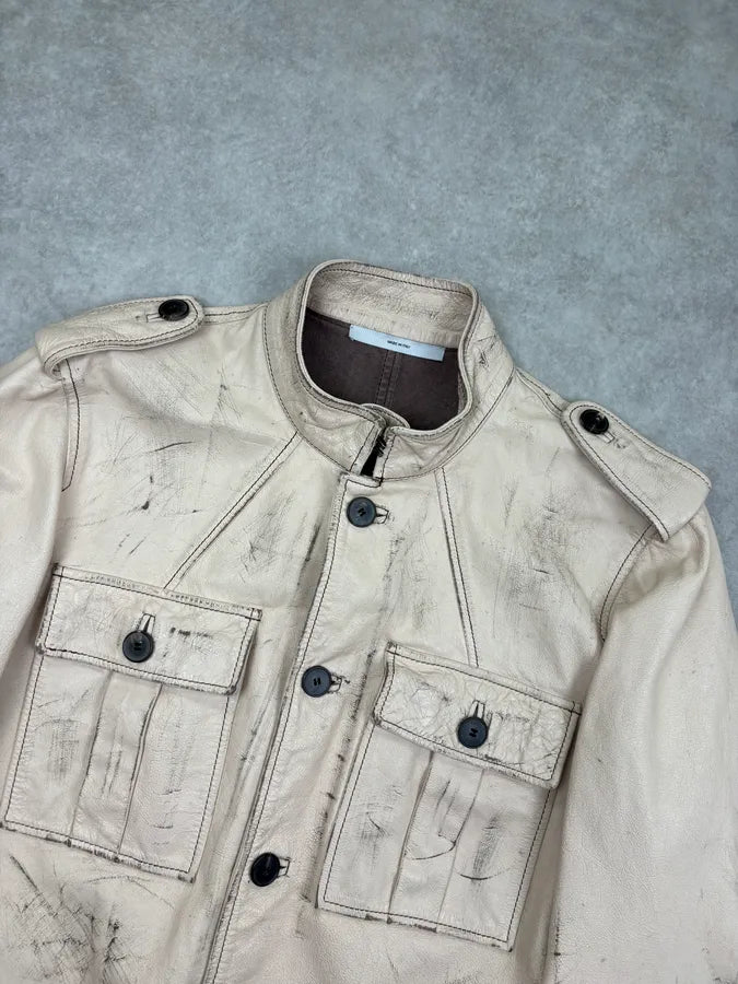 2000s Yves Saint Laurent Cream Military Leather Cargo Jacket ITDNQpM 3