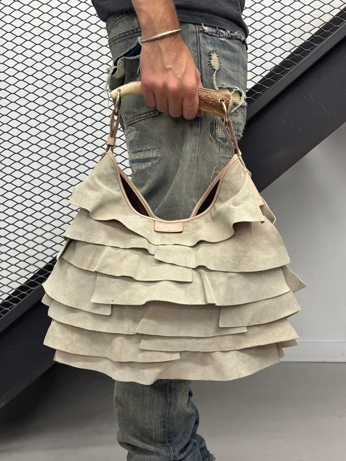 2000s Yves Saint Laurent Beige Suede Ruffle Mombasa Horn Handle Bag TBXDaVN 2