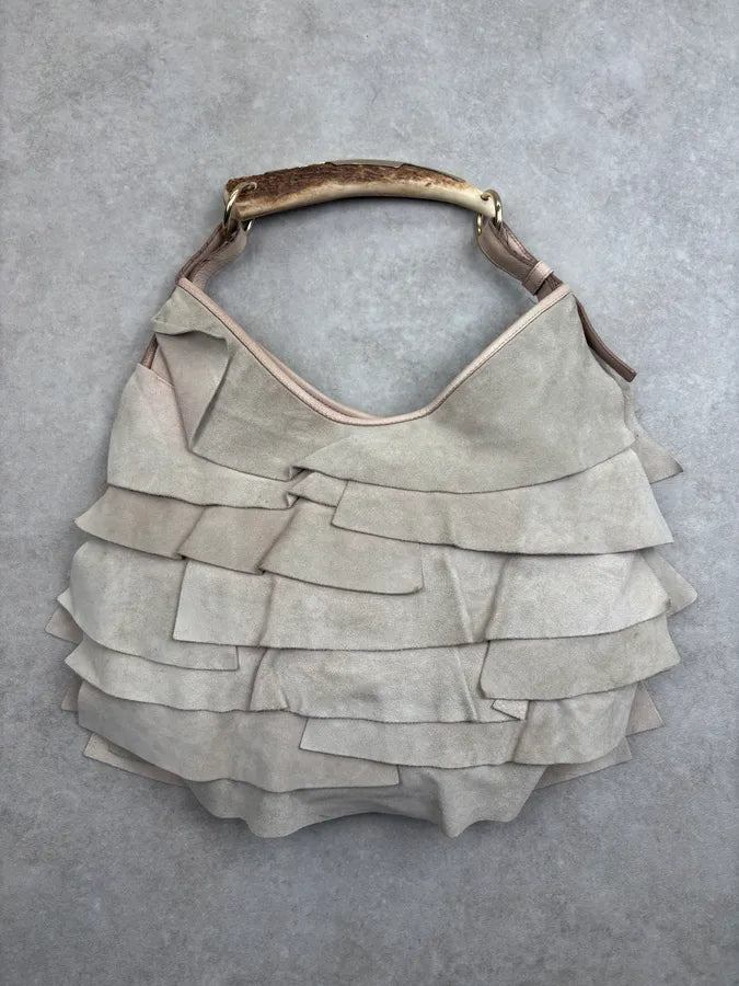 2000s Yves Saint Laurent Beige Suede Ruffle Mombasa Horn Handle Bag TBXDaVN 11