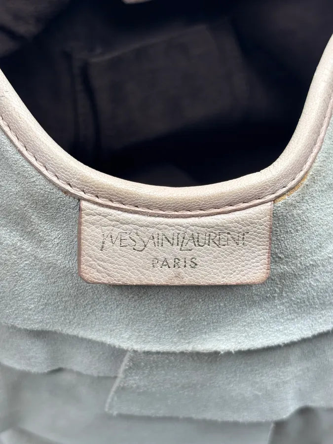2000s Yves Saint Laurent Beige Suede Ruffle Mombasa Horn Handle Bag TBXDaVN 17