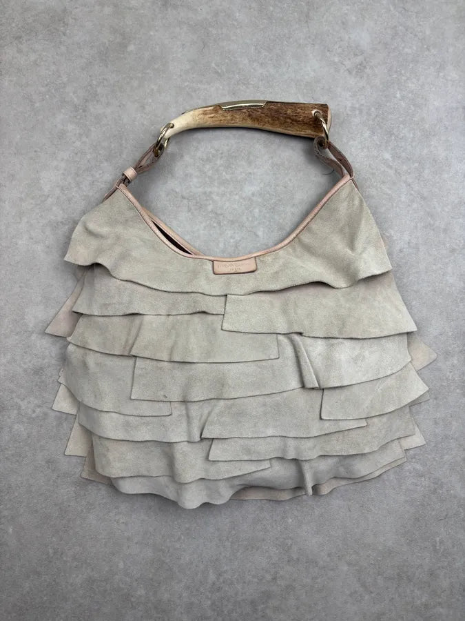 2000s Yves Saint Laurent Beige Suede Ruffle Mombasa Horn Handle Bag TBXDaVN 0