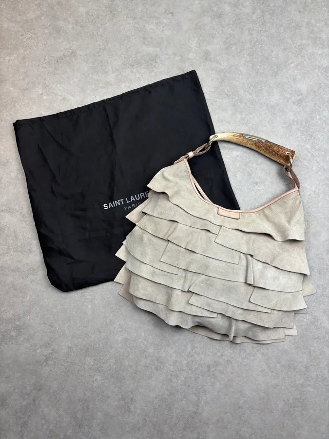 2000s Yves Saint Laurent Beige Suede Ruffle Mombasa Horn Handle Bag TBXDaVN 3