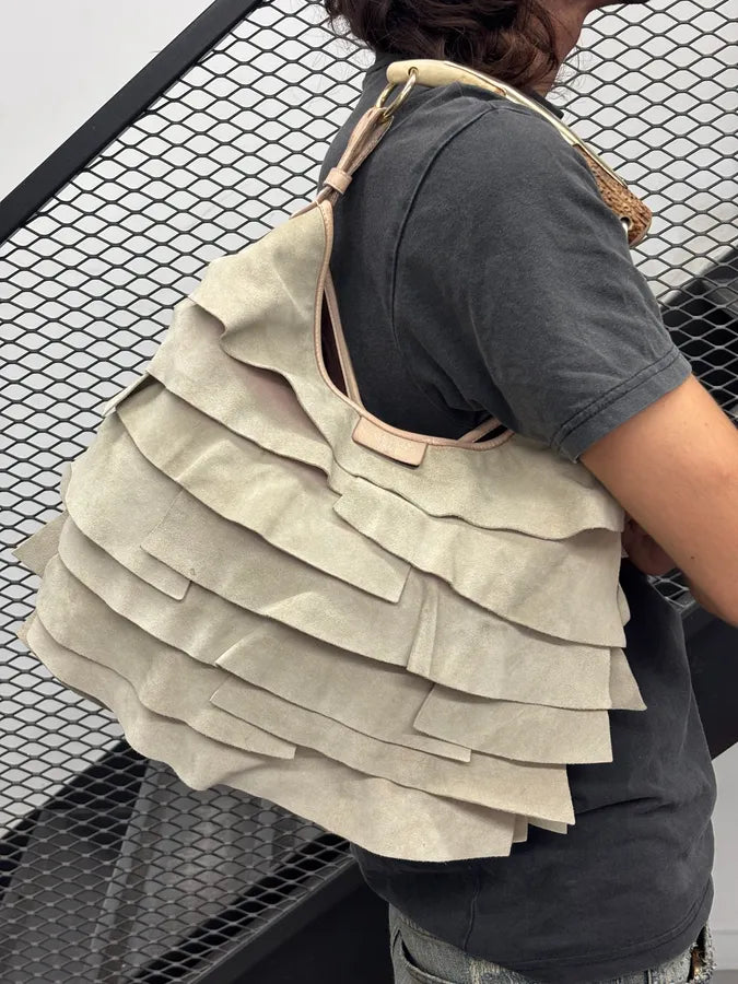 2000s Yves Saint Laurent Beige Suede Ruffle Mombasa Horn Handle Bag TBXDaVN 1