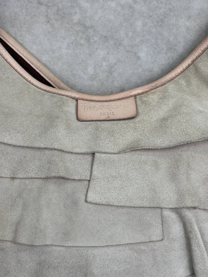 2000s Yves Saint Laurent Beige Suede Ruffle Mombasa Horn Handle Bag TBXDaVN 4