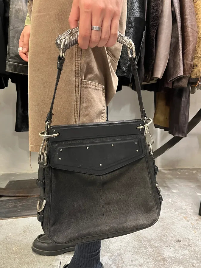 Yves Saint Laurent Black Canva Leather Metal Horn Handle Bag iSOdVHX 1