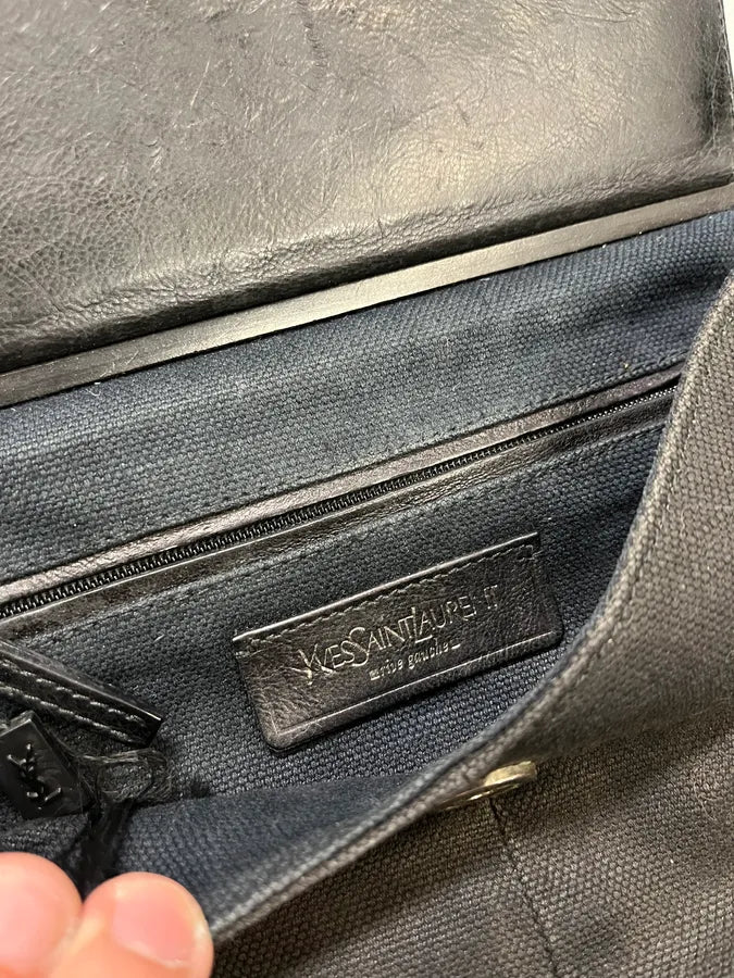 Yves Saint Laurent Black Canva Leather Metal Horn Handle Bag iSOdVHX 9