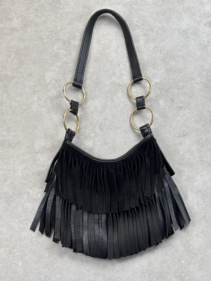 Yves Saint Laurent Black Leather Fringe Shoulder Bag yFcfOOu 7