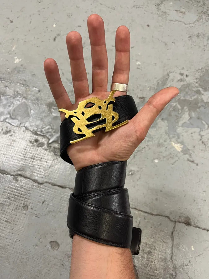 Yves Saint Laurent Black Leather Gold Buckle Belt pNBkUeK 0