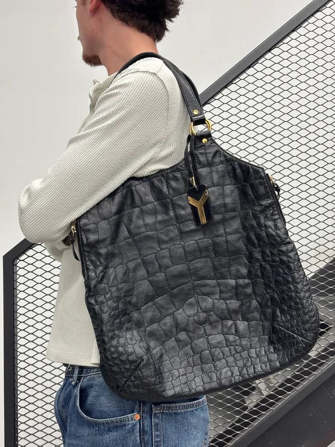 Yves Saint Laurent Black Leather Crocodile Effect Handle Bag VvxfPhD 2