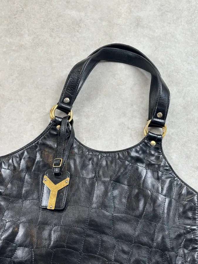 Yves Saint Laurent Black Leather Crocodile Effect Handle Bag VvxfPhD 3