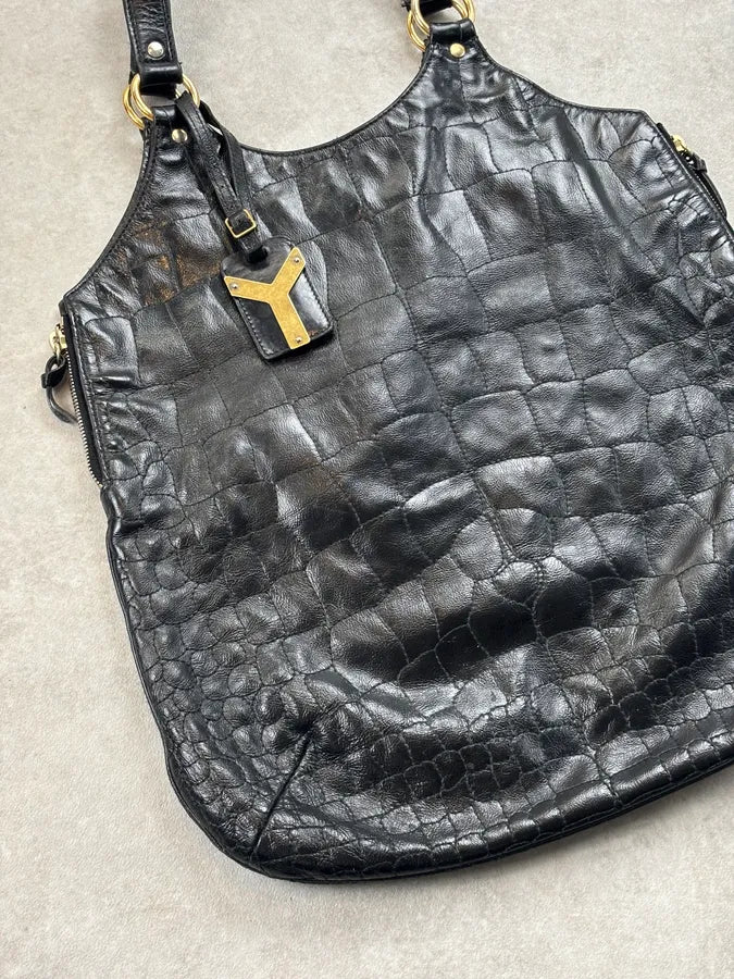 Yves Saint Laurent Black Leather Crocodile Effect Handle Bag VvxfPhD 4
