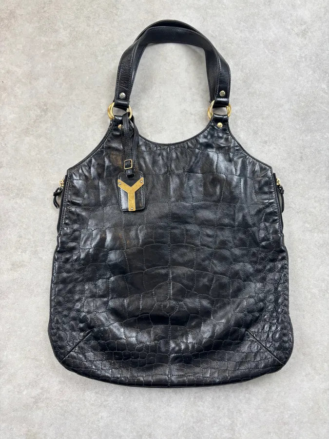 Yves Saint Laurent Black Leather Crocodile Effect Handle Bag VvxfPhD 0
