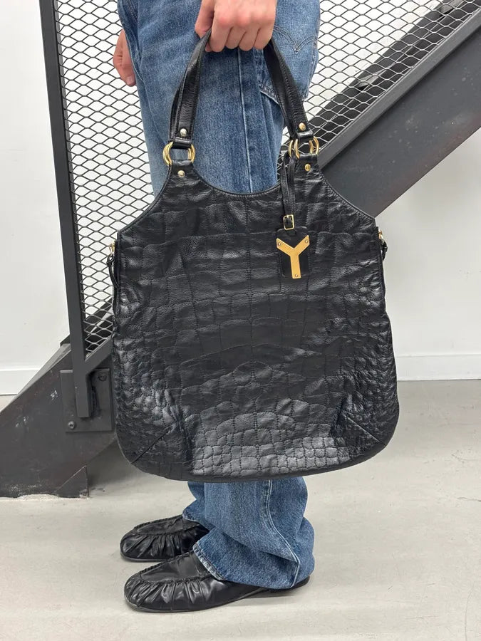 Yves Saint Laurent Black Leather Crocodile Effect Handle Bag VvxfPhD 1