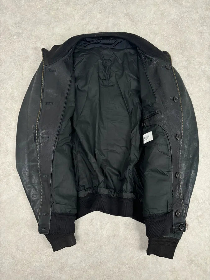 2000s Yves Saint Laurent Black Leather Logo Bomber Jacket eAXWBEL 6