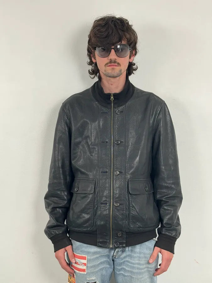 2000s Yves Saint Laurent Black Leather Logo Bomber Jacket eAXWBEL 1