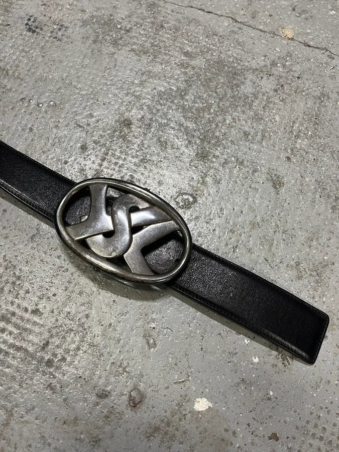 Yves Saint Laurent Black Leather Silver Buckle Belt (OS) GHEGMQs 3