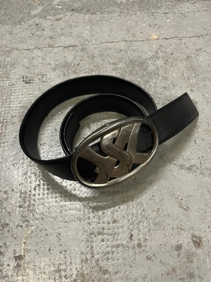 Yves Saint Laurent Black Leather Silver Buckle Belt (OS) GHEGMQs 4