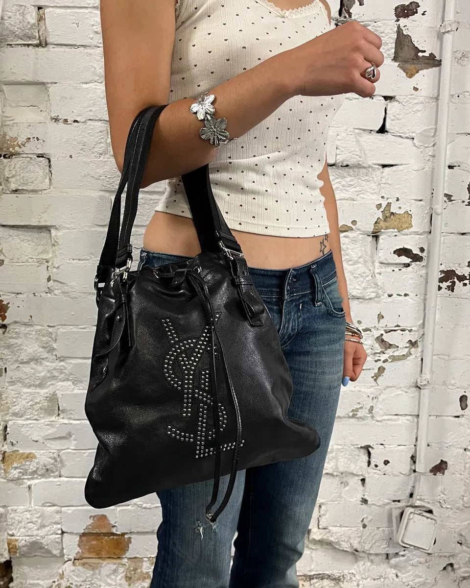 Yves Saint Laurent Black Leather Studded Logo Handle Bag WQleIHI 1