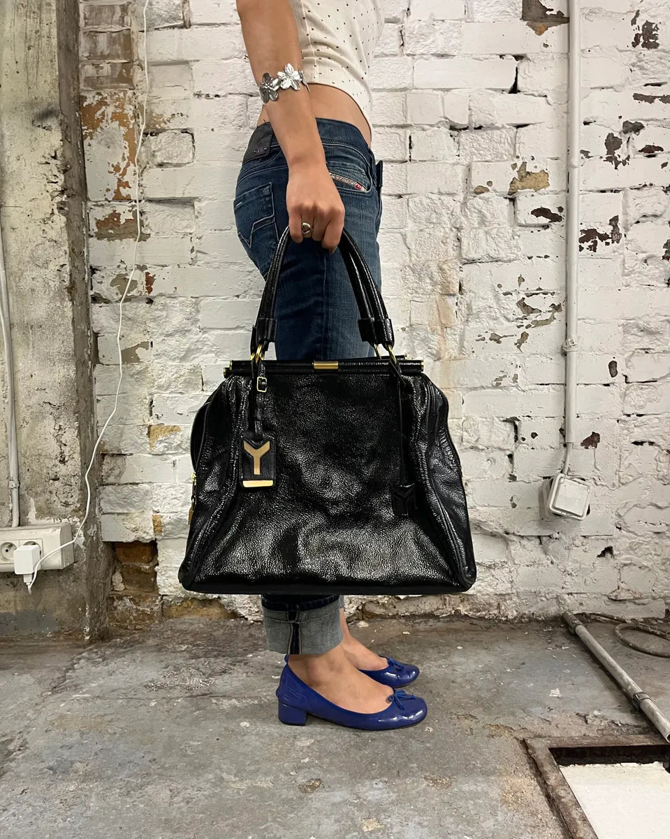 Yves Saint Laurent Black Leather Studded Logo Handle Bag WQleIHI 2