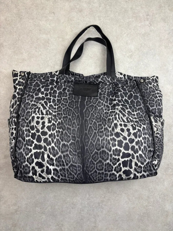 Yves Saint Laurent Black Nylon Leopard Print Tote Bag rTzyVOC 12