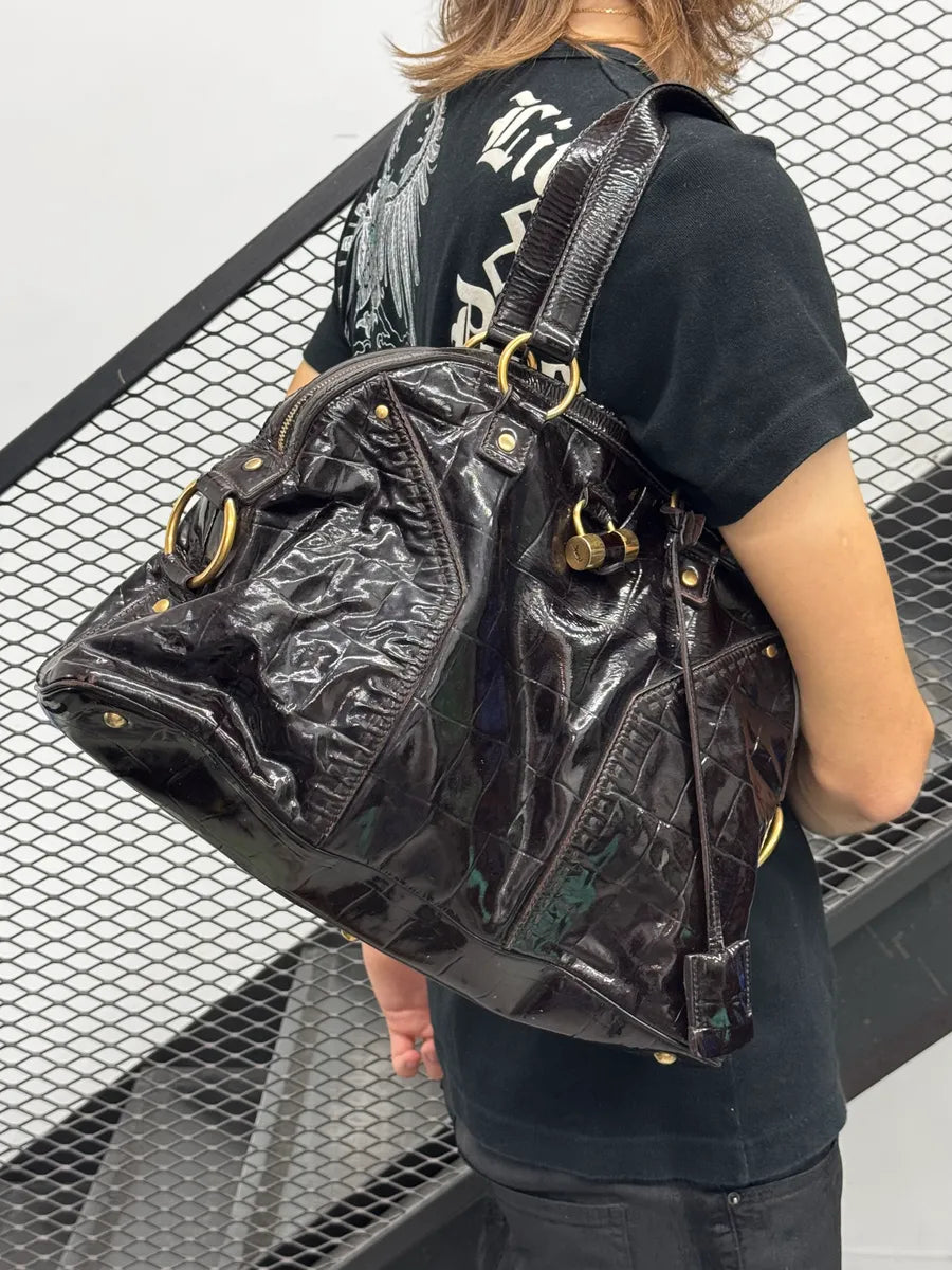 AW2009 Yves Saint Laurent Black Crocodile Effect Shinny Handle Bag WXxpFeD 3