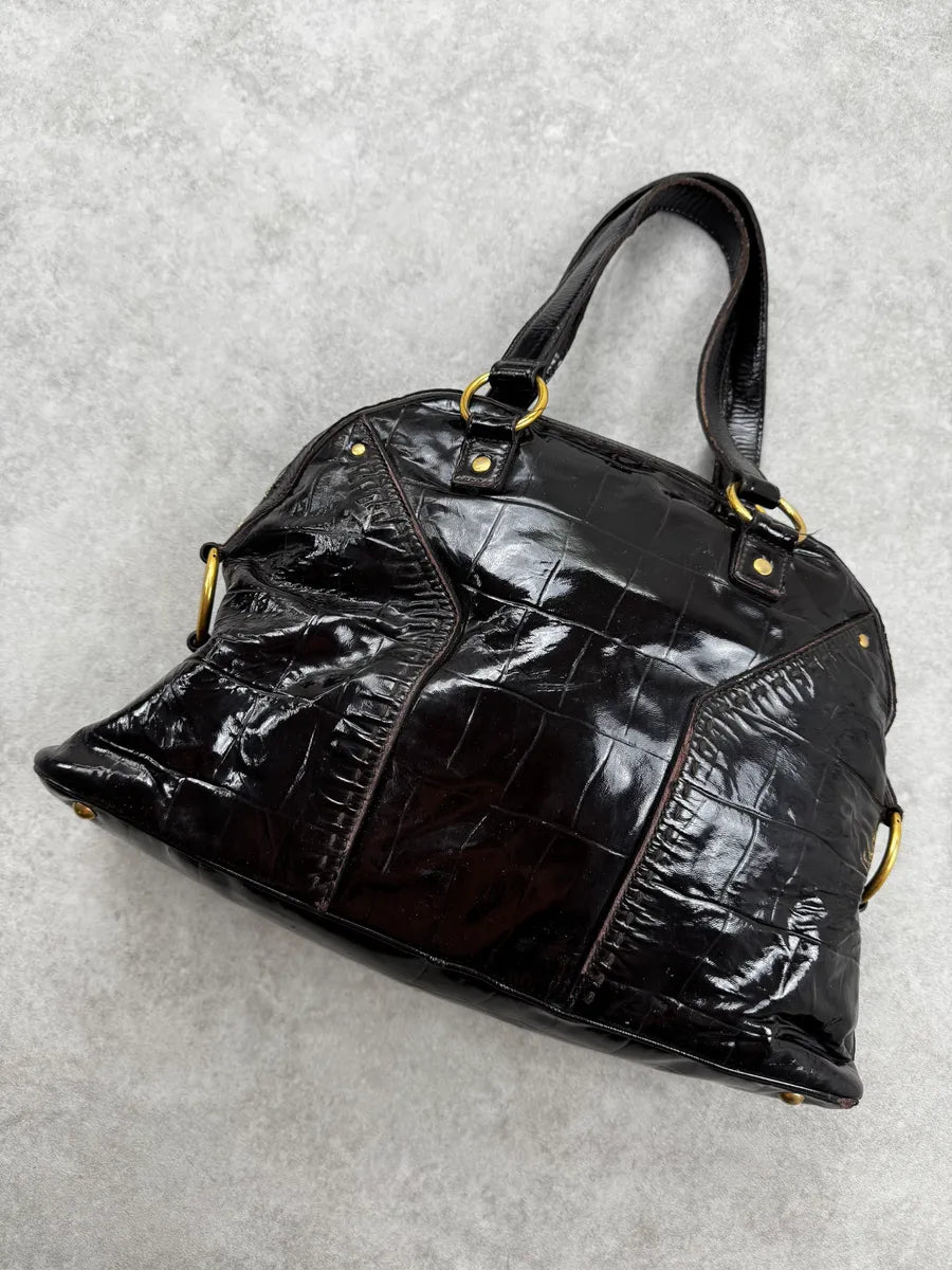 AW2009 Yves Saint Laurent Black Crocodile Effect Shinny Handle Bag WXxpFeD 5