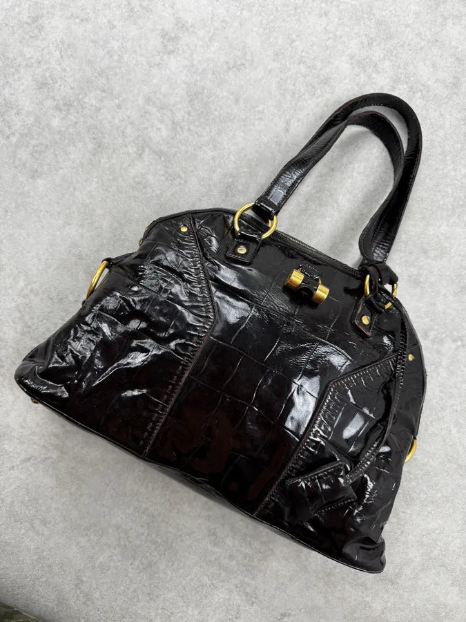 AW2009 Yves Saint Laurent Black Crocodile Effect Shinny Handle Bag WXxpFeD 4