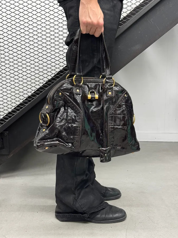 AW2009 Yves Saint Laurent Black Crocodile Effect Shinny Handle Bag WXxpFeD 2
