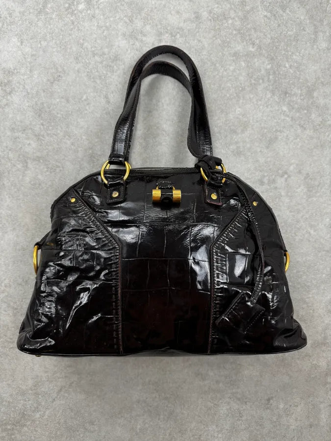 AW2009 Yves Saint Laurent Black Crocodile Effect Shinny Handle Bag WXxpFeD 1