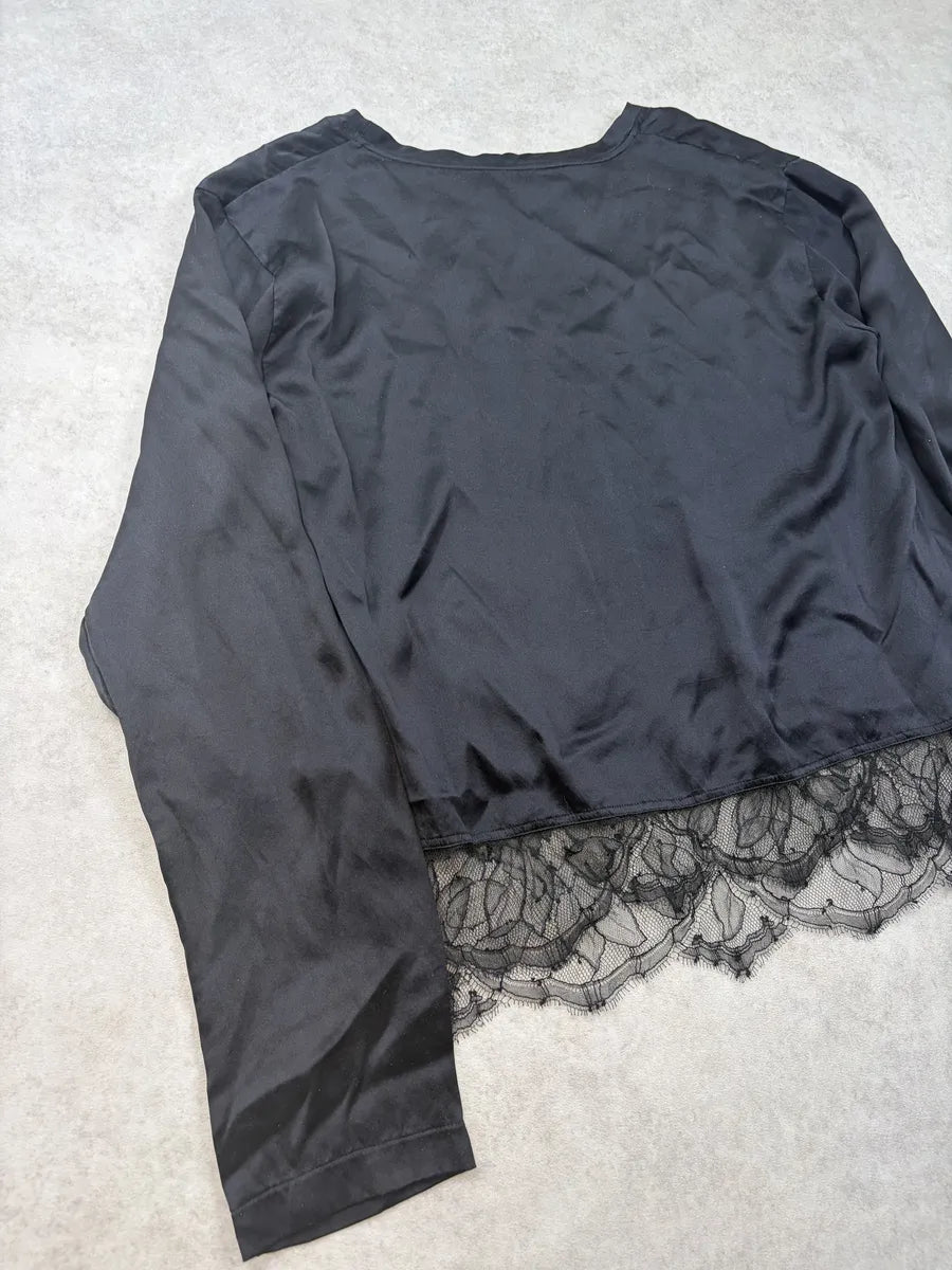 2000s Yves Saint Laurent Black Silk Lace-Trimmed Longsleeve UZKQaeH 7