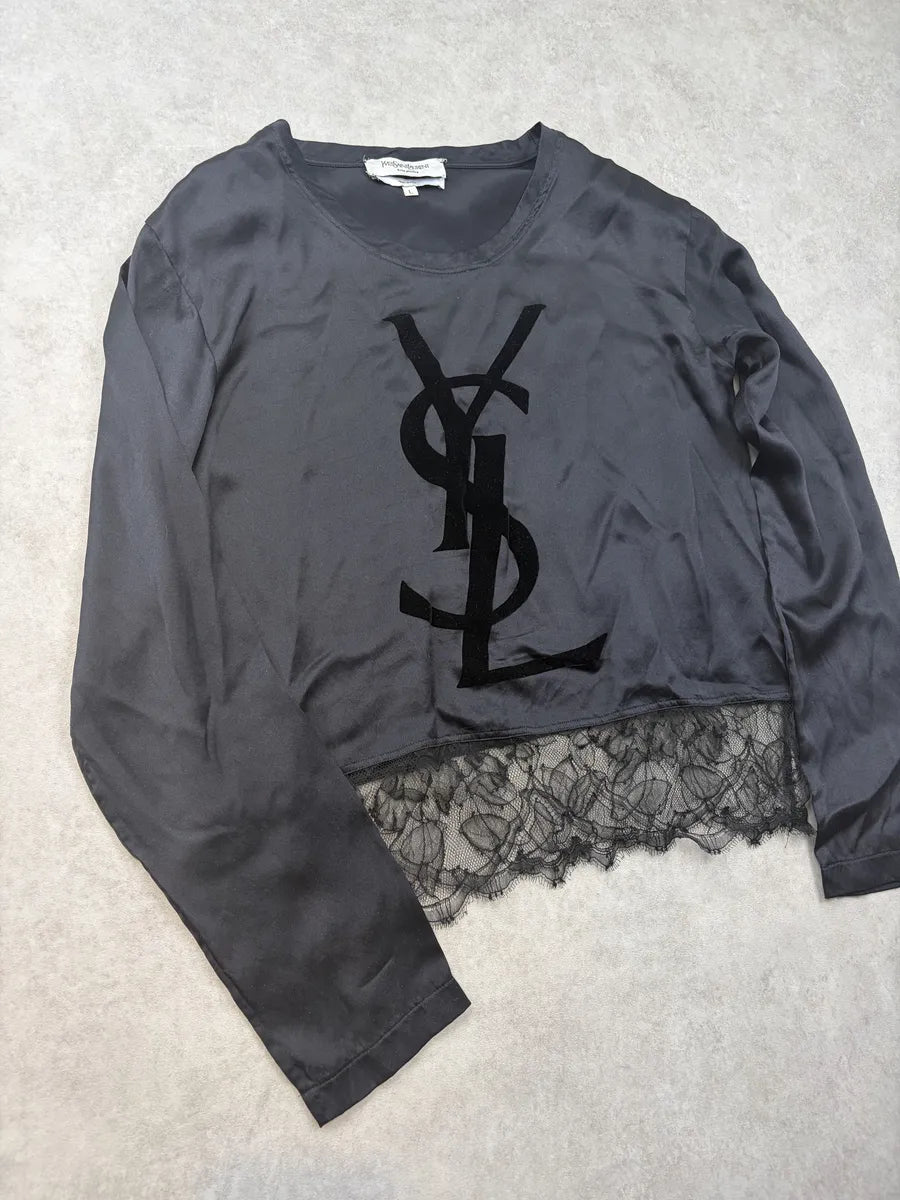 2000s Yves Saint Laurent Black Silk Lace-Trimmed Longsleeve UZKQaeH 4