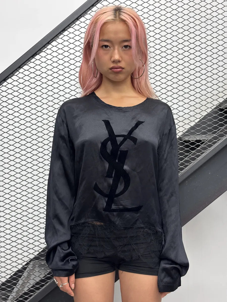 2000s Yves Saint Laurent Black Silk Lace-Trimmed Longsleeve UZKQaeH 1