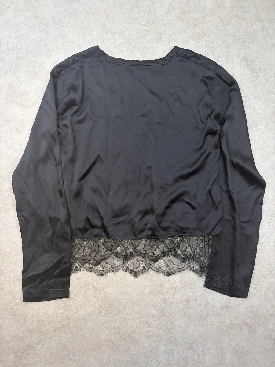 2000s Yves Saint Laurent Black Silk Lace-Trimmed Longsleeve UZKQaeH 6