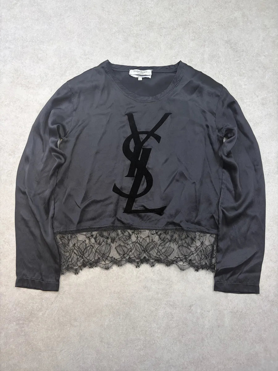 2000s Yves Saint Laurent Black Silk Lace-Trimmed Longsleeve UZKQaeH 0