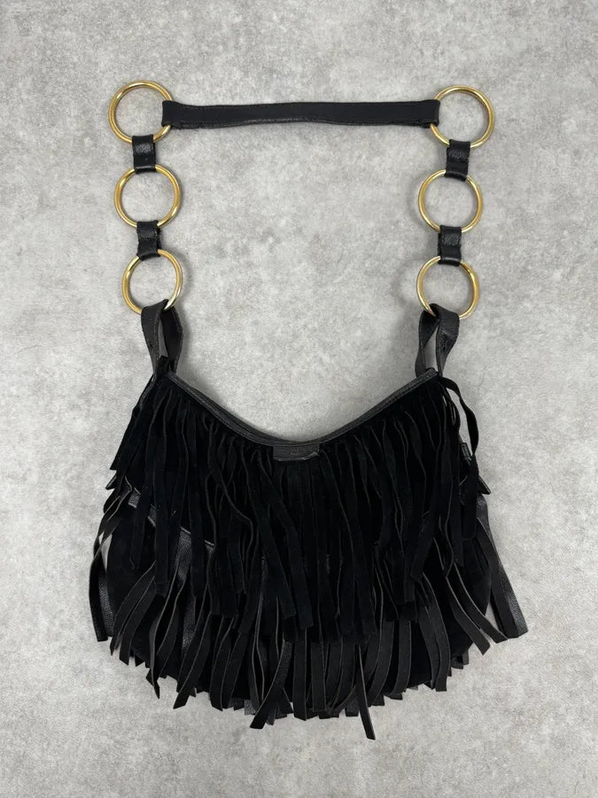 2000s Yves Saint Laurent Black Suede Fringe Shoulder Bag LmnHlQt 4