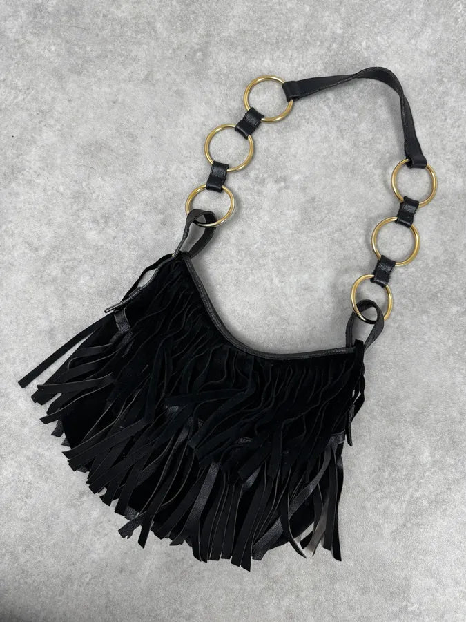 2000s Yves Saint Laurent Black Suede Fringe Shoulder Bag LmnHlQt 7