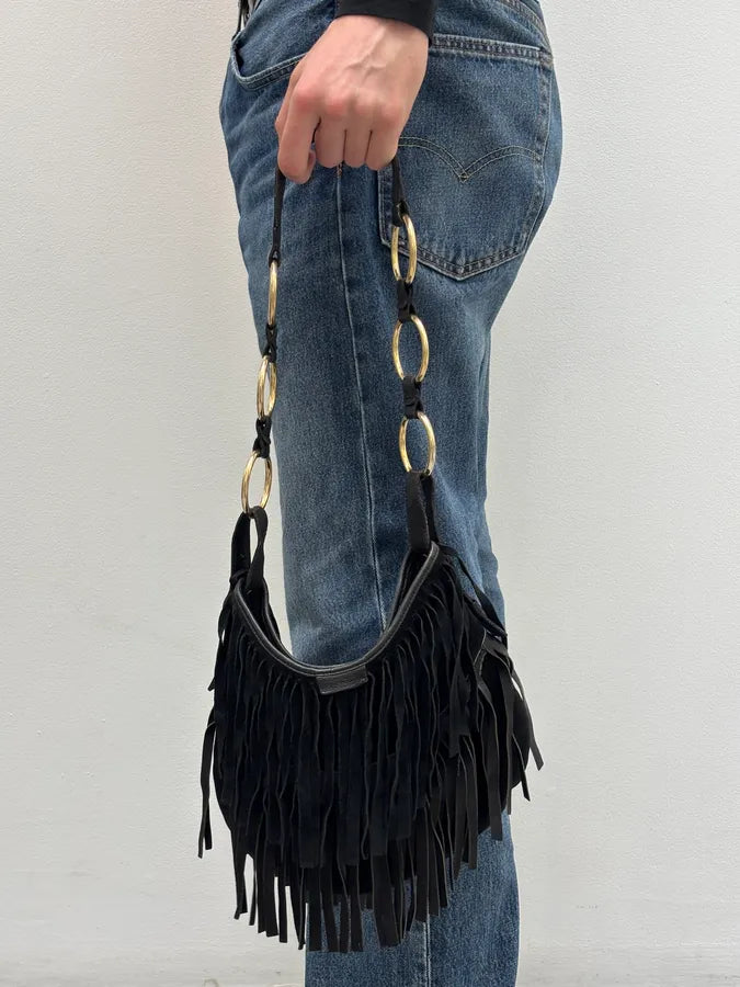 2000s Yves Saint Laurent Black Suede Fringe Shoulder Bag LmnHlQt 3