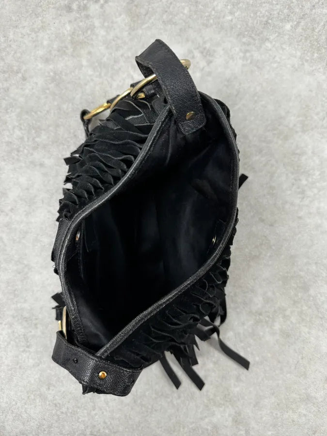 2000s Yves Saint Laurent Black Suede Fringe Shoulder Bag LmnHlQt 12