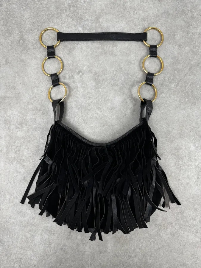 2000s Yves Saint Laurent Black Suede Fringe Shoulder Bag LmnHlQt 5