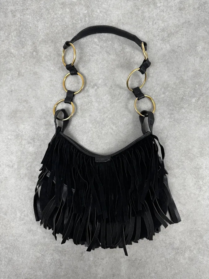 2000s Yves Saint Laurent Black Suede Fringe Shoulder Bag LmnHlQt 0