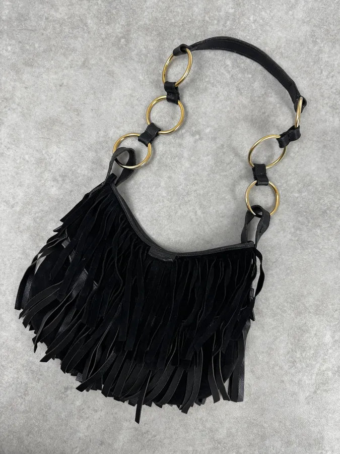 2000s Yves Saint Laurent Black Suede Fringe Shoulder Bag LmnHlQt 6