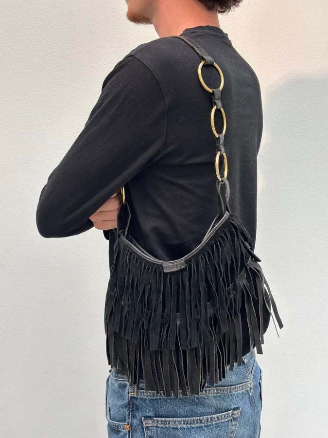 2000s Yves Saint Laurent Black Suede Fringe Shoulder Bag LmnHlQt 2