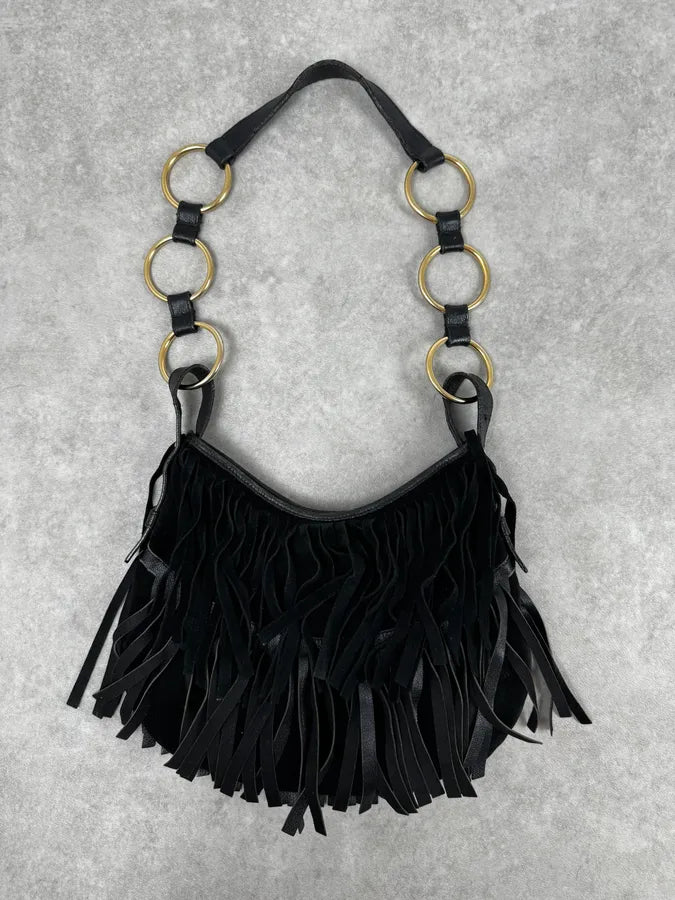 2000s Yves Saint Laurent Black Suede Fringe Shoulder Bag LmnHlQt 1
