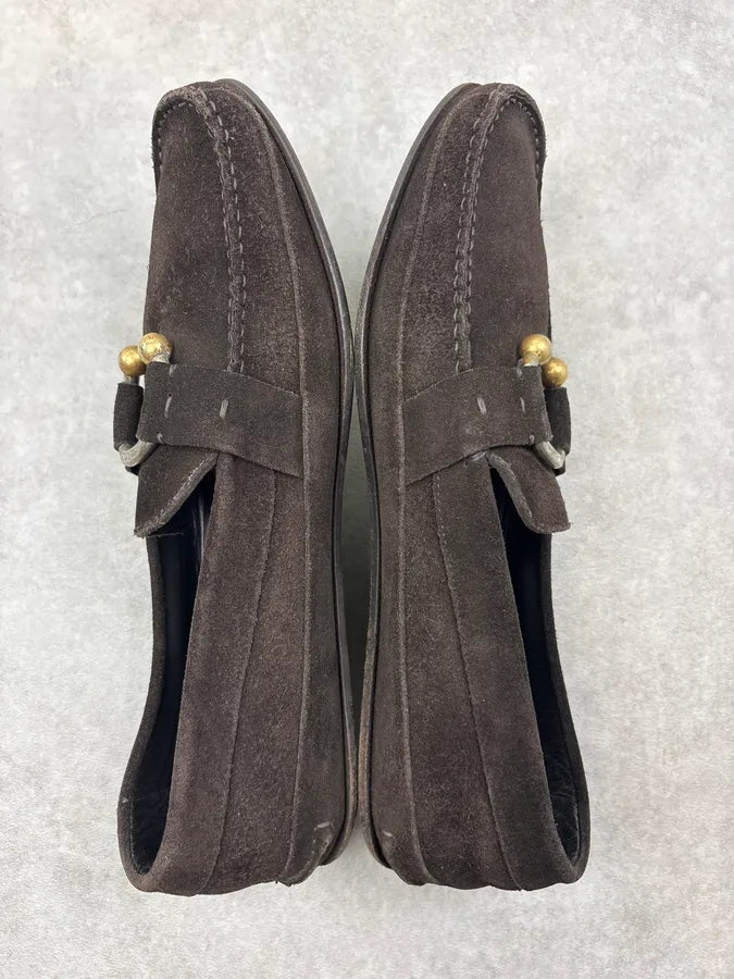 Yves Saint Laurent Brown Suede Gold-Hardware Loafer Shoes riwQANn 4