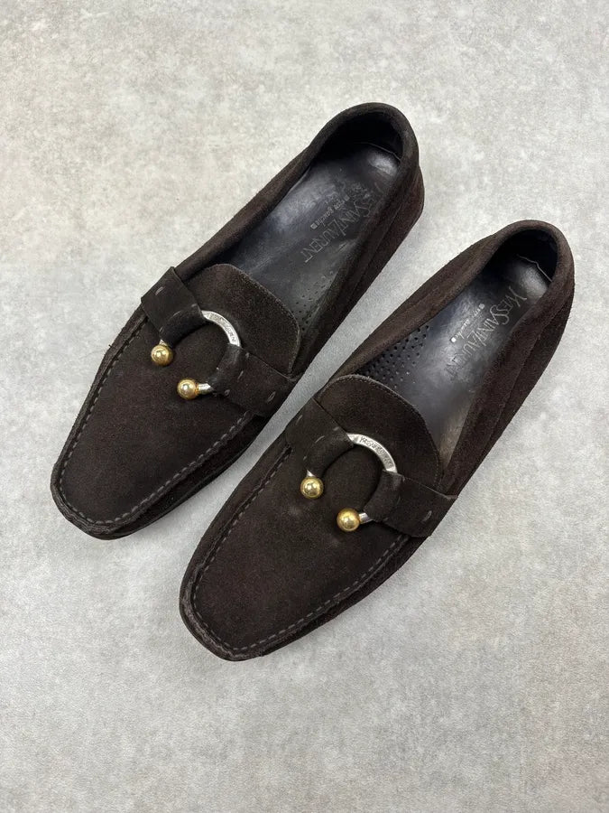 Yves Saint Laurent Brown Suede Gold-Hardware Loafer Shoes riwQANn 2