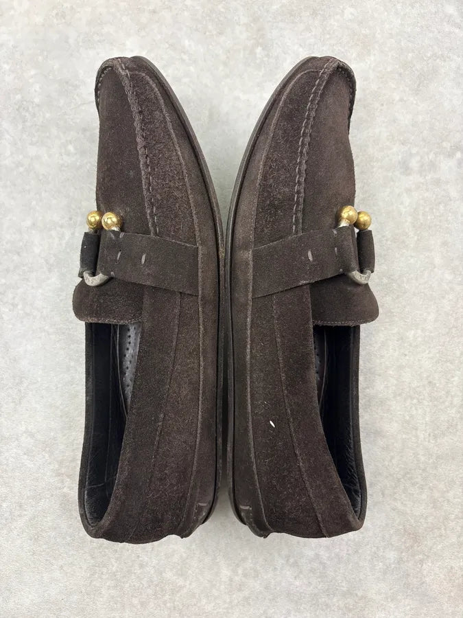 Yves Saint Laurent Brown Suede Gold-Hardware Loafer Shoes riwQANn 3