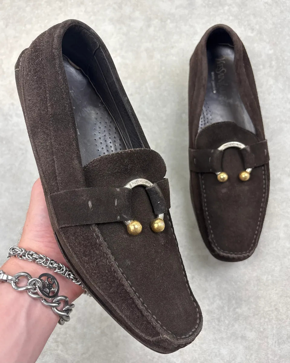 Yves Saint Laurent Brown Suede Gold-Hardware Loafer Shoes riwQANn 0