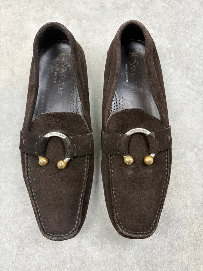 Yves Saint Laurent Brown Suede Gold-Hardware Loafer Shoes riwQANn 1